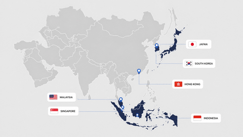 Map of Asia-Pacific highlighting Singapore, Japan, Korea, Malaysia, Indonesia, Hong Kong, Taiwan, Thailand, and Australia